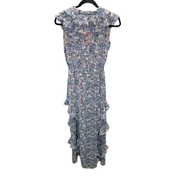 Saloni Lizzie Silk Maxi Dress Blue Ruffle Floral Sleeveless V Neck Tie Waist XS - Picture 8 of 14